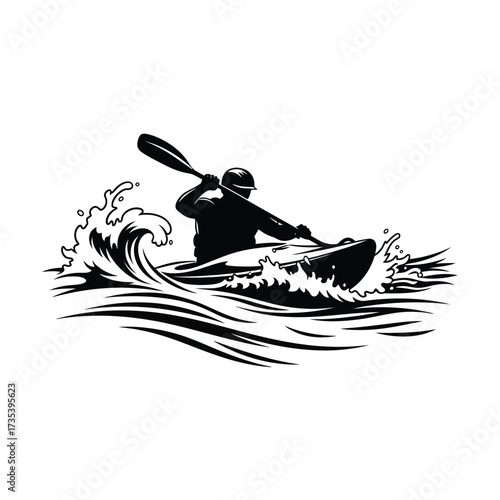 kayaker paddling through waves