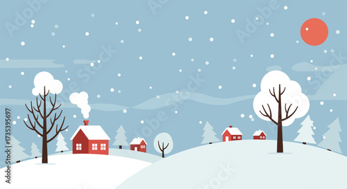 Cozy winter village scene with snow falling and red houses.