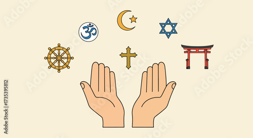 Diverse Religious Symbols Orbiting Open Hands in Prayer