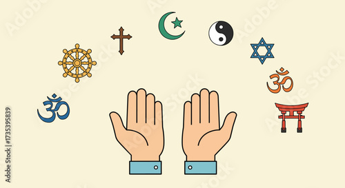 Diverse Religious Symbols Orbiting Open Hands in Prayer.