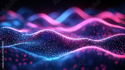 Glowing digital waveforms composed of pink and blue particles creating a futuristic abstract landscape with smooth flowing curves and a sense of depth