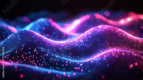Abstract glowing wave patterns with pink and blue neon light dots on a dark background creating a futuristic and dynamic texture