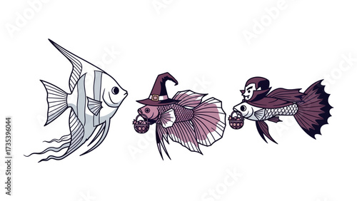 Whimsical Aquatic Trio: A trio of fantastical fish, each with its own unique personality and charm, swim gracefully against a backdrop of ethereal glow.
