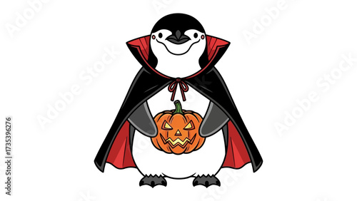Penguin Vampire with Jack-O'-Lantern: A cute penguin, dressed as a vampire, clutches a glowing jack-o'-lantern, set against a clean backdrop, perfect for festive projects.