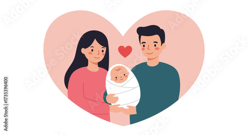Loving parents embrace their newborn baby within a heart shape.