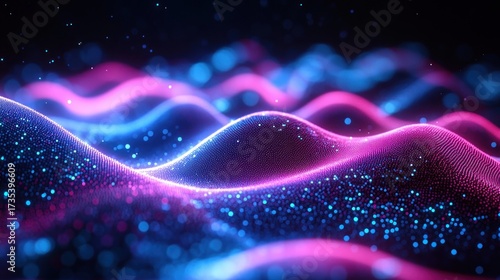 Abstract digital landscape with glowing pink and blue waves and scattered bright particles creating a futuristic, vibrant, and dynamic visual scene