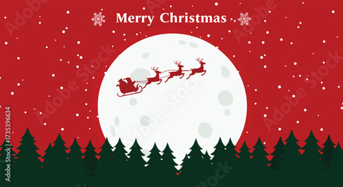 Santa Claus flying in sleigh with reindeer across a full moon during Christmas.
