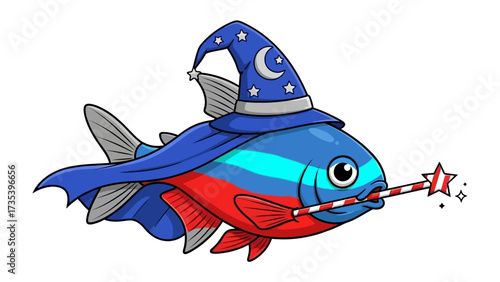 Magic Fish's Mystical Journey: A whimsical cartoon illustration showcases a magical fish in a wizard's attire, conjuring spells with its wand, set against a vibrant backdrop