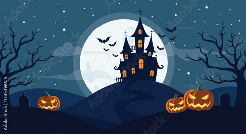 Spooky Halloween Haunted Castle on a Hill with JackoLanterns and Bats.