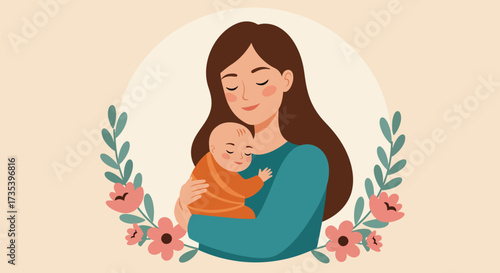 Tender embrace of a mother holding her newborn baby surrounded by floral elements.
