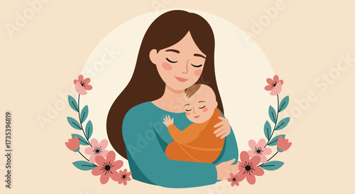 Tender embrace of a mother holding her sleeping baby surrounded by floral accents.