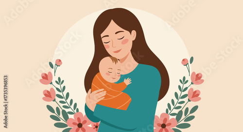 Tender Mother Embracing Her Sleeping Baby in a Floral Wreath.