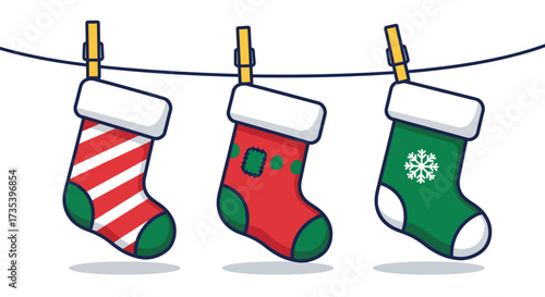Three festive Christmas stockings hanging on a clothesline