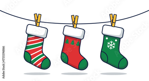 Three festive Christmas stockings hanging on a clothesline with clothespins.
