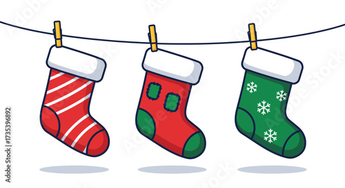 Three festive Christmas stockings hanging on a clothesline.
