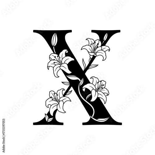 Floral Letter X Monogram with Elegant Lily Embellishments  , Stylized black letter X adorned with two blooming lilies, creating a refined and artistic floral design perfect for monograms, wedding 
