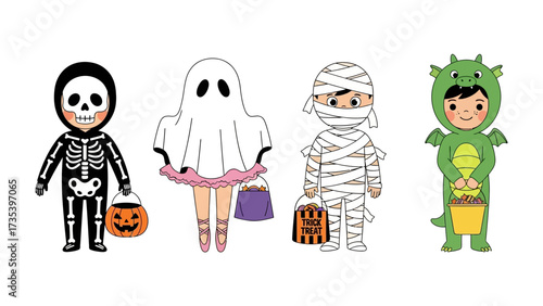 Halloween Costume Parade: A delightful group of children in charming costumes, ready for a festive Halloween celebration, each holding their treat basket.