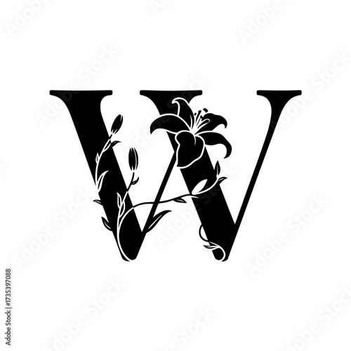 Floral Letter W Monogram with Lily and Vine Illustration, Chic black letter W embellished with elegant lilies and delicate vines, creating a refined botanical style perfect for monograms, wedding 