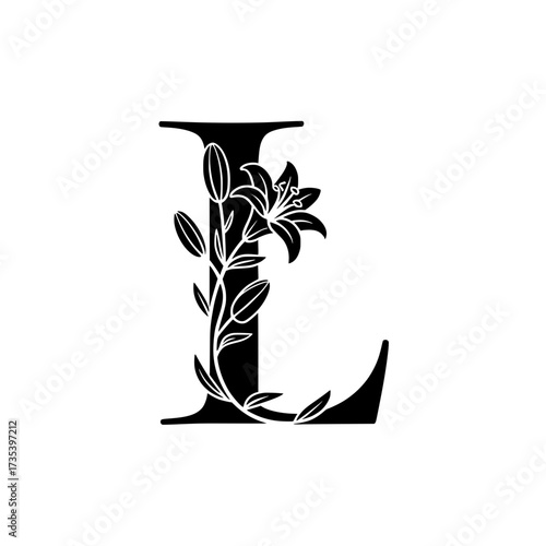 Floral Letter L Monogram with Elegant Flower Design, Decorative black letter L adorned with detailed floral elements, perfect for wedding themes, luxury branding, or feminine design projects.

