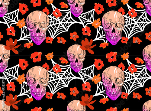 Halloween seamless pattern with skulls and flowers in neon colors. Beautiful hand drawn gothic fashion print.