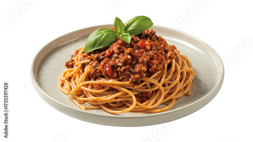 Hearty spaghetti bolognese topped with fresh basil, a comforting meal