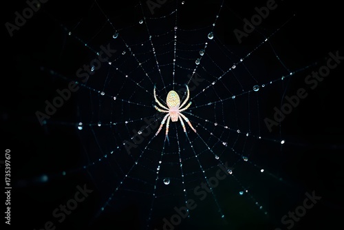 Glowing spider web with water drops