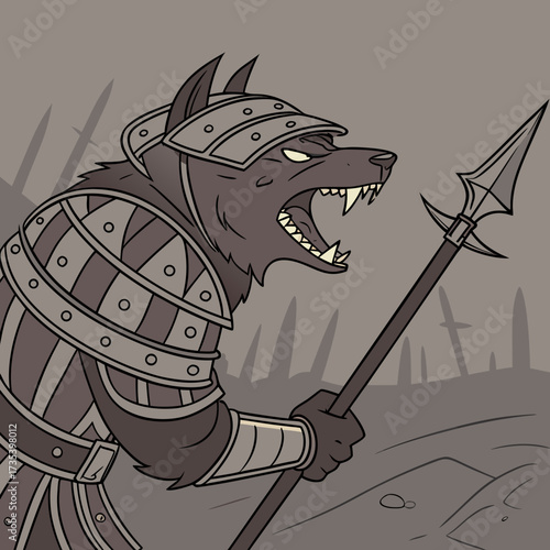 Ferocious Dog Warrior Heavily Armored Canine Wielding a Spear with Menacing Snarl