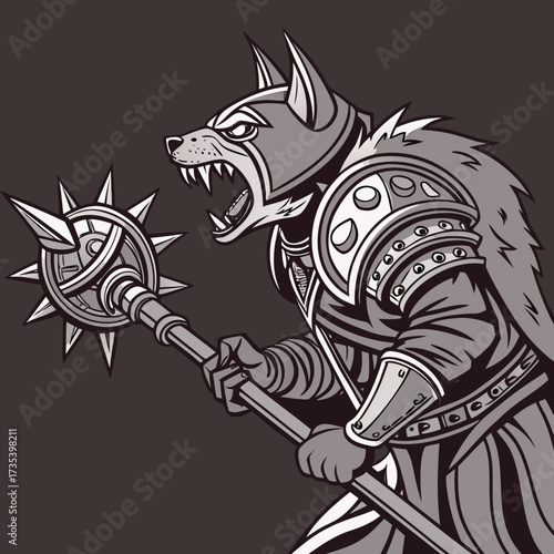 Ferocious Dog Warrior in Armor Wielding a Mace Illustration of a Canine Knight