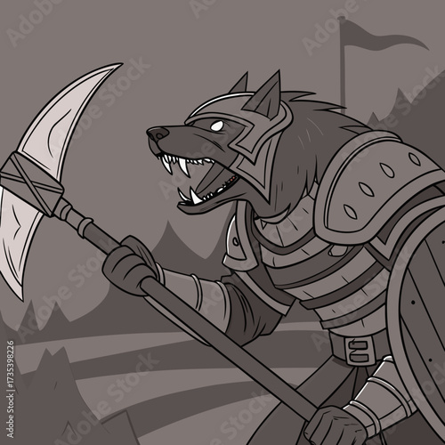 A Ferocious Dog Warrior Heavily Armored and Wielding a Battle Axe