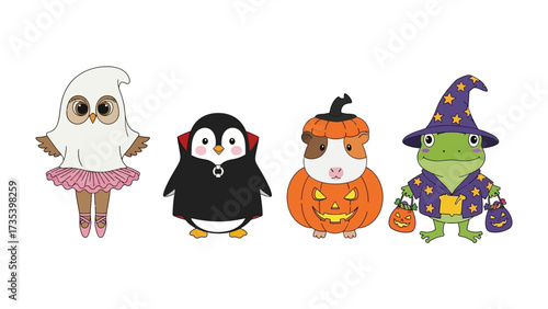 Halloween Characters: A collection of cute, cartoonish characters, including a ghostly owl, a vampire penguin, a pumpkin guinea pig, and a wizard frog, are arranged together.