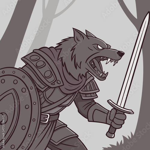 Ferocious Canine Warrior Armored and Sword-Wielding in Grayscale