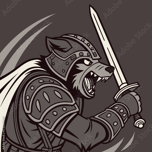 Ferocious Canine Warrior Armored Wolf with Sword, Ready for Battle