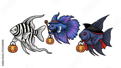 Halloween Fish Parade: A whimsical scene of three uniquely designed fish in festive Halloween costumes, each carrying a jack-o'-lantern, parading a delightful celebration.