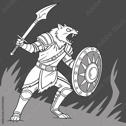 Ferocious Cat Warrior Armored Heavily Wielding Spear and Shield