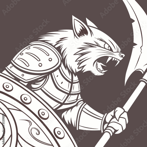 Ferocious Cat Warrior Heavily Armored Wielding a Halberd