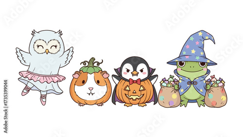 Adorable Halloween Crew: A charming group of cartoon animals dressed up in Halloween costumes and ready for a spooky and fun celebration. 