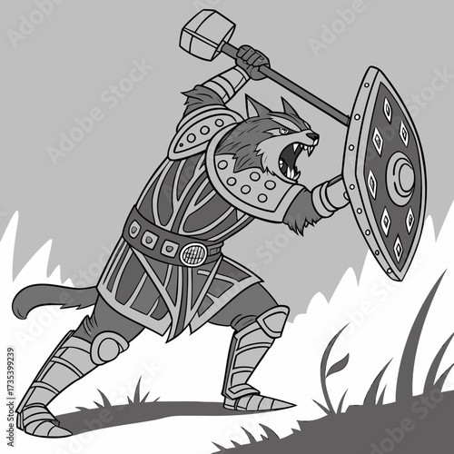 Fierce Cat Warrior in Armor Wielding Hammer and Shield