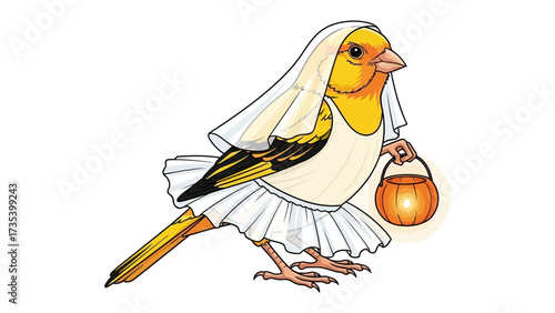 Halloween Bride Bird: An endearing canary bird is transformed into a Halloween bride. Adorned in a wedding dress and holding a festive jack-o'-lantern.