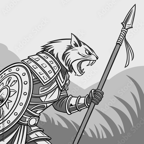 Ferocious Feline Warrior Armored Cat Wielding Spear in Battle