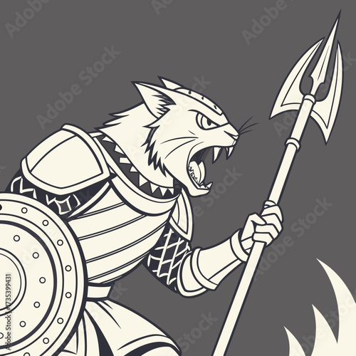 Ferocious Cat Warrior in Armor with Spear and Shield, Ready for Battle, Illustration