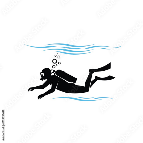 silhouette of a scuba diver swimming underwater