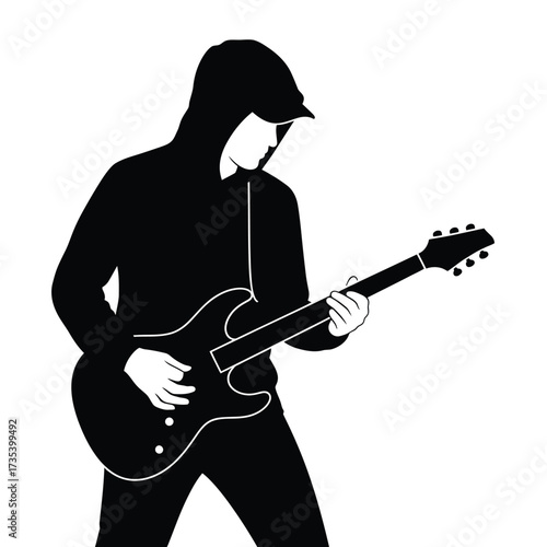 silhouette of a person wearing a hoodie playing electric guitar