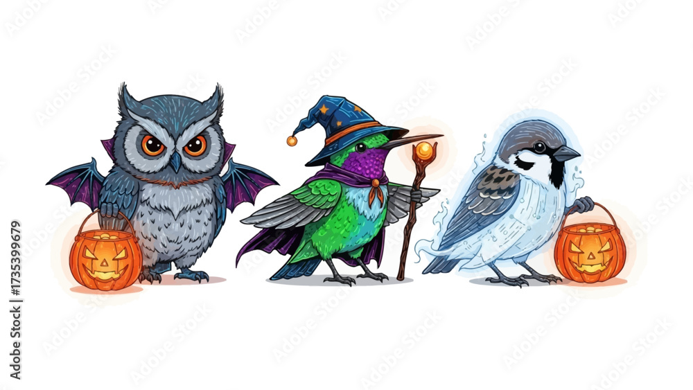 Naklejka premium Halloween Birds: A whimsical Halloween scene showcasing three uniquely designed birds, each with its distinct charm and festive costume, holding pumpkin treat bucket ready for trick-or-treating.