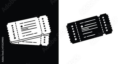 A pair of monochrome ticket icons representing admission to an event like a movie, concert, or festival, presented in a simple vector illustration style