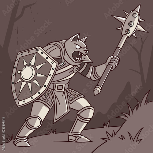 Ferocious Cat Warrior in Armor A Strong Armored Character Holding a Shield and Mace, Ready for Battle