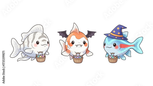 Whimsical Halloween Fish Trio: An endearing cartoon of three uniquely designed fish, each adorned with charming Halloween accessories, carrying baskets, ready for festive fun.
