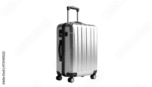A shiny, silver hard-sided rolling suitcase, against a stark black background