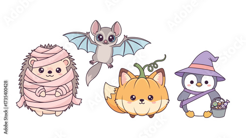 Enchanting Halloween Creatures: A whimsical illustration showcases a delightful assortment of adorable Halloween characters, including a charming hedgehog mummy, a soaring bat, a foxy pumpkin.