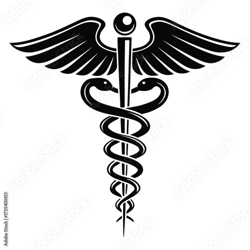 Stylized Black Caduceus Medical Emblem with Wings and Serpents on White Background medical symbol