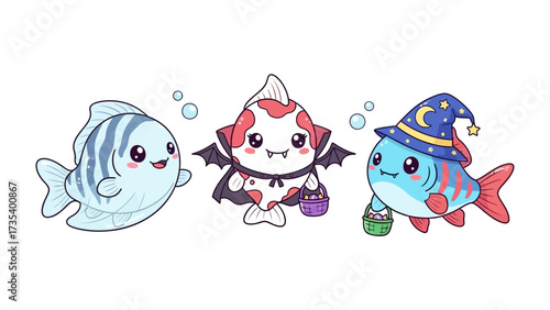 Aquatic Halloween Trio: Three adorable aquatic creatures, each dressed in festive Halloween attire, celebrate the spirit of the season with a cheerful, cartoonish flair.